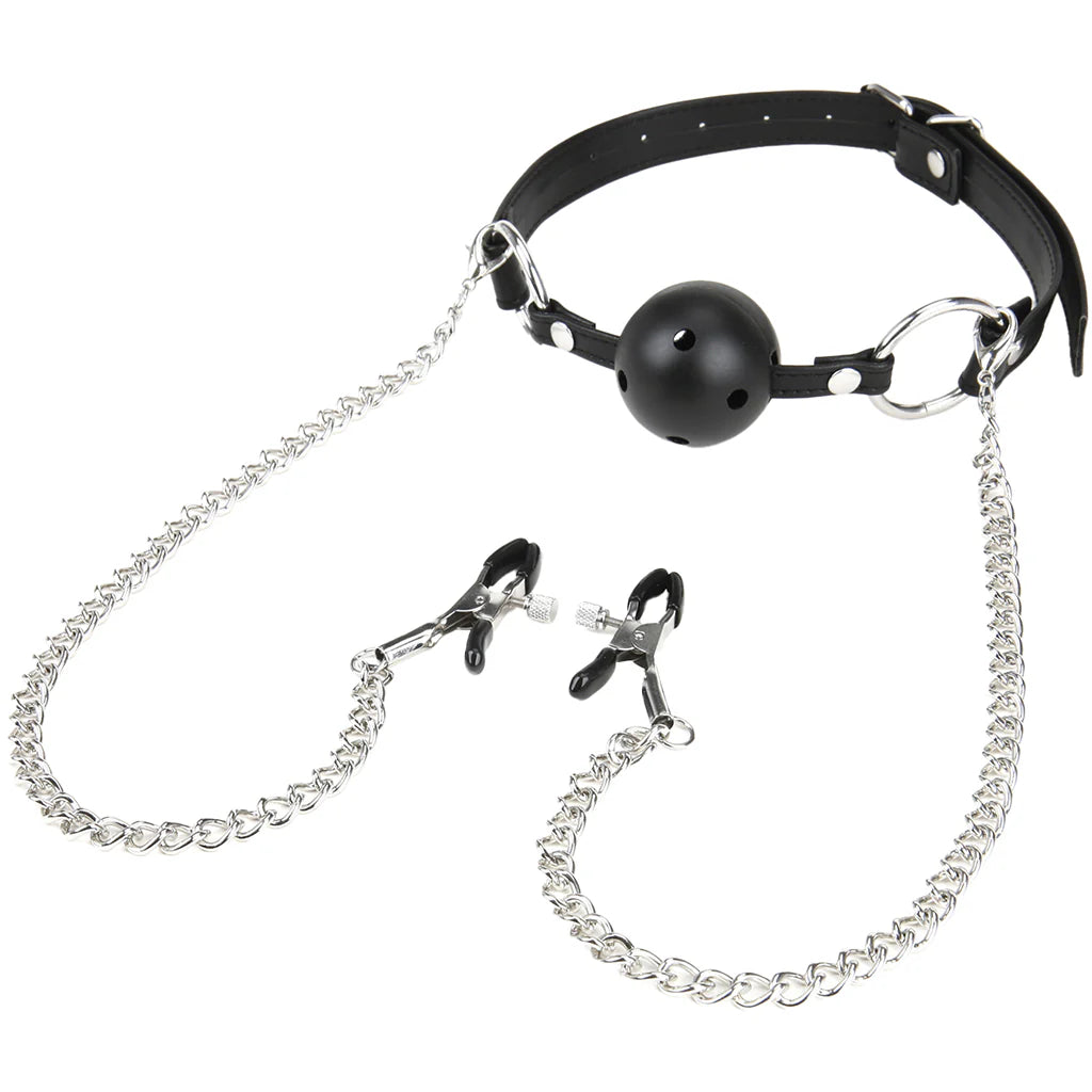 Breathable Ball Gag with Nipple Clamps